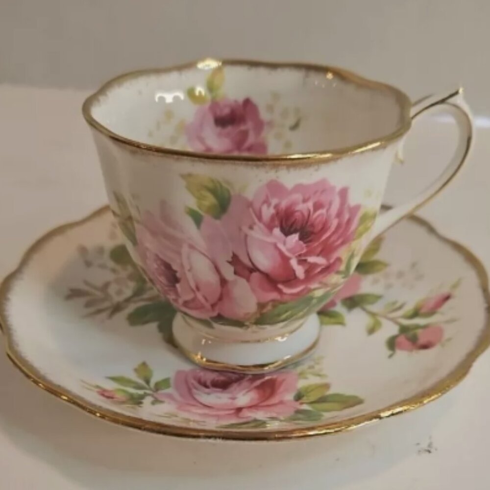 Vintage ROYAL ALBERT Bone China American Beauty Pink Rose Footed Cup and Saucer
